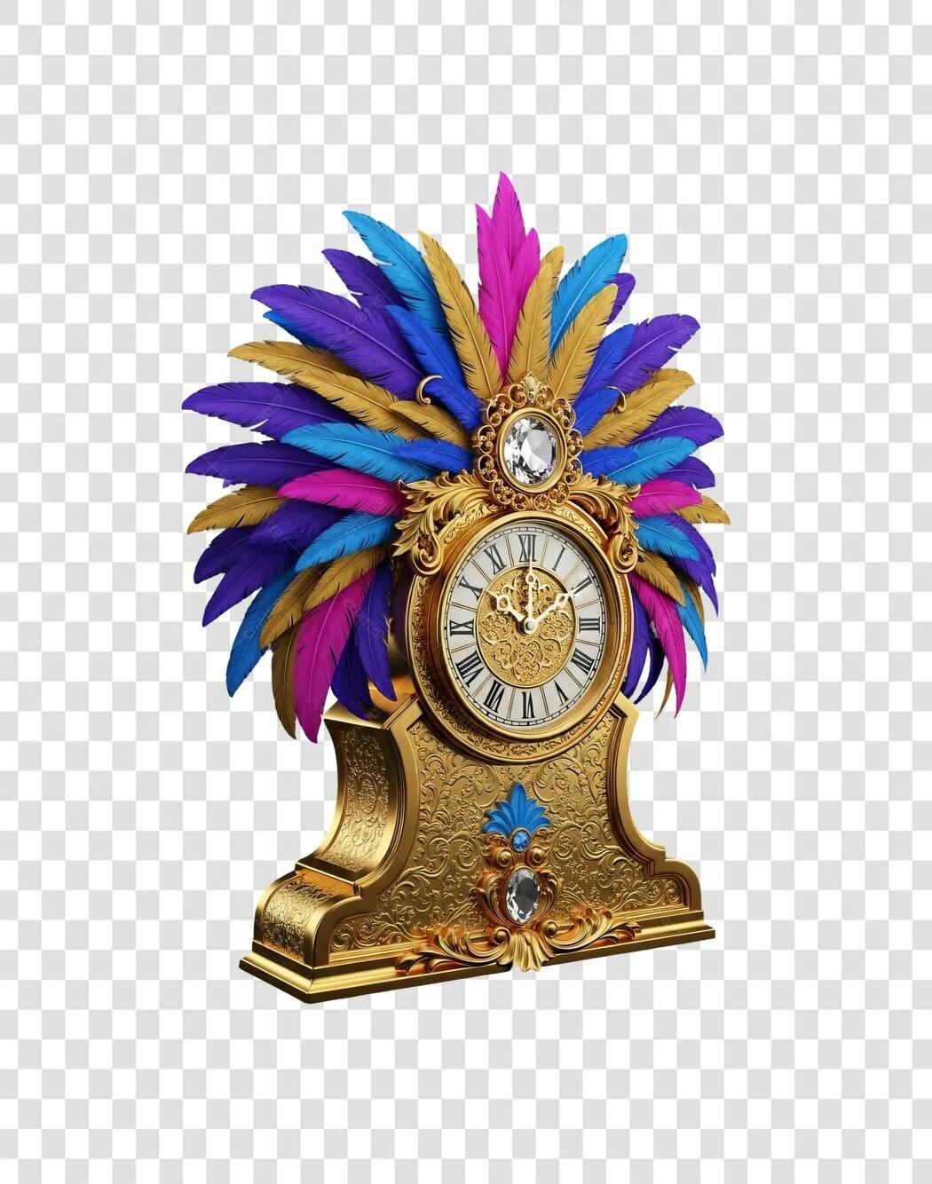 Elemento gráfico Relógio de Carnaval dourado penas vibrantes PNG com fundo transparente
