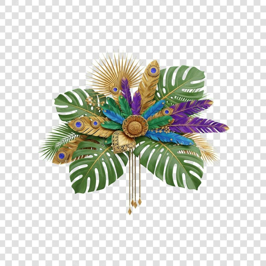 Elemento Decorativo Tropical Folhas Penas Douradas Roxas Azuis Carnaval PNG com fundo transparente