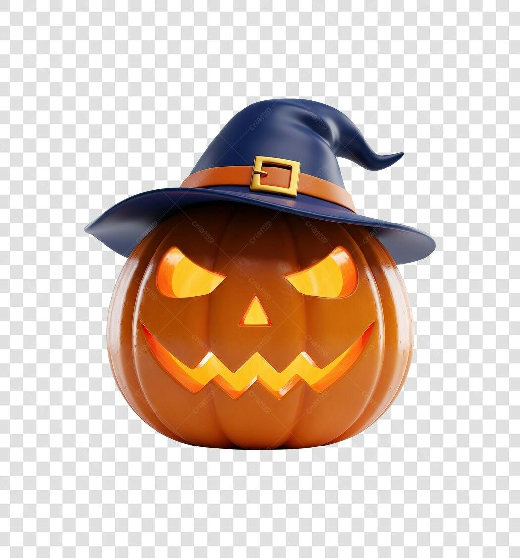 Ilustração 3D Abóbora Halloween Chapéu Azul Escuro PNG com fundo transparente