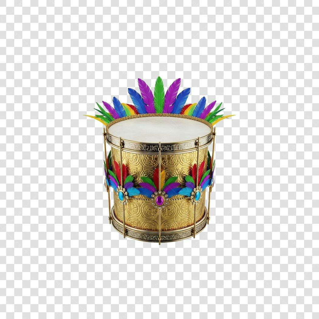 Tambor de Carnaval Dourado com Penas Multicores PNG com fundo transparente