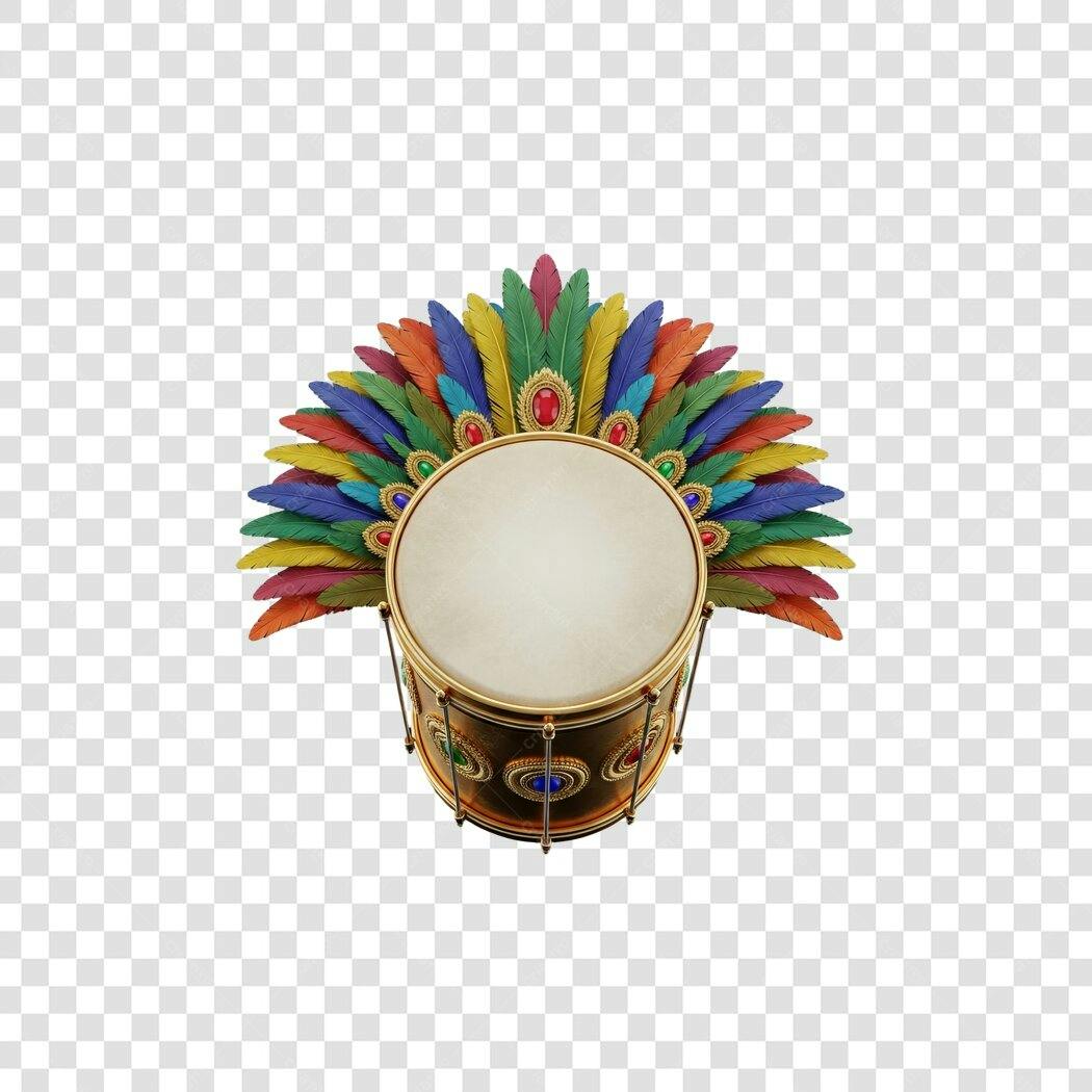 Arte para Carnaval Brasileiro tambor com penas coloridas PNG com fundo transparente