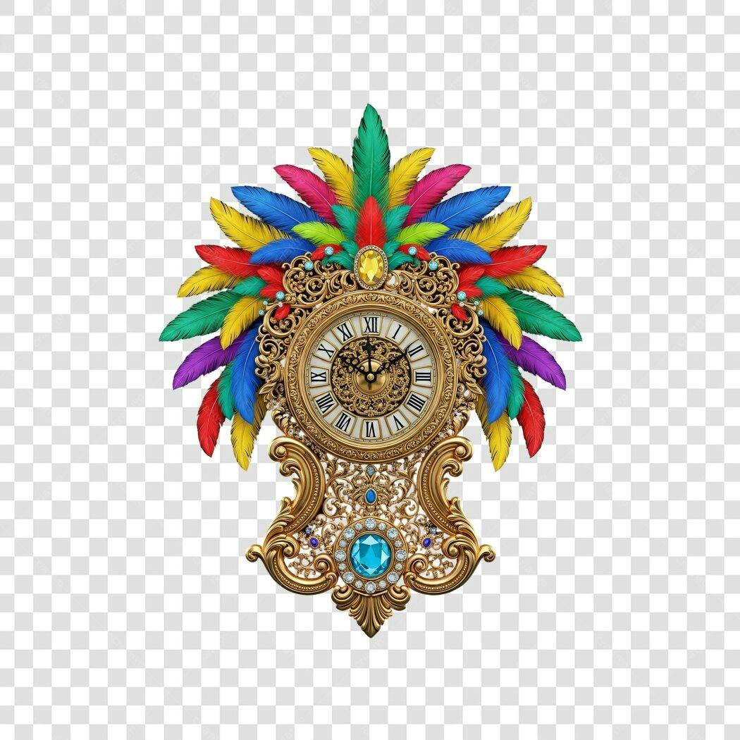 Relógio Decorativo Barroco Penas Coloridas Joias PNG com fundo transparente