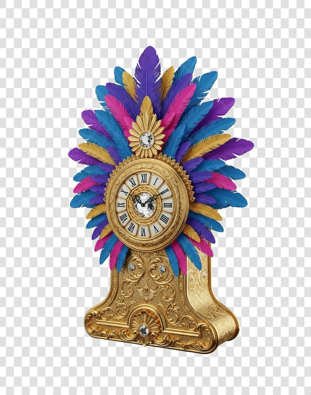 Ícone Relógio Dourado com Penas Coloridas para Celebração Festiva PNG com fundo transparente