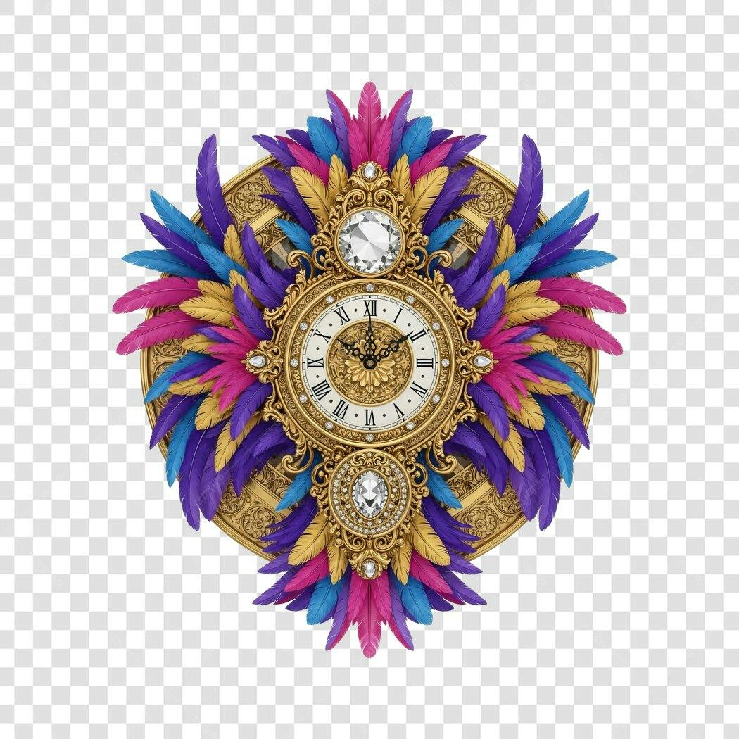 Elemento Gráfico Relógio Dourado Luxuoso Penas Coloridas Carnaval PNG com fundo transparente