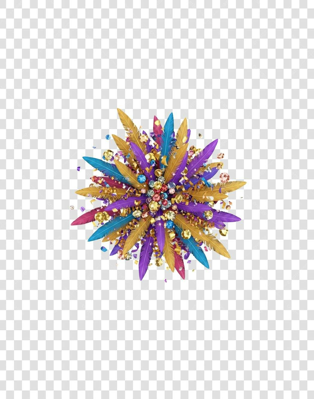 Decoração Carnaval Plumas Brilhantes Douradas Roxas Azuis PNG com fundo transparente
