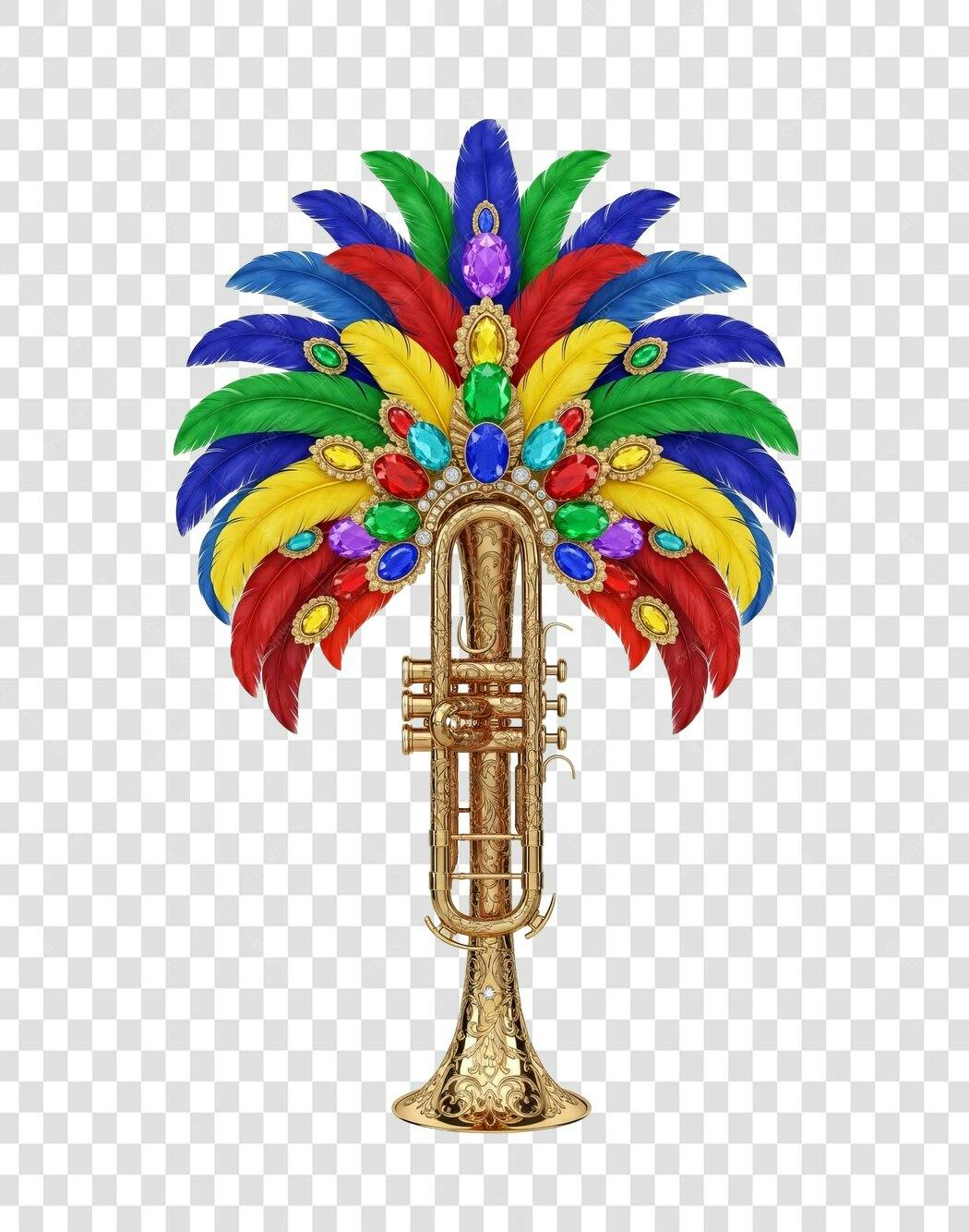 Ícone Festivo Carnaval Trompete Dourado Penas Joias Coloridas PNG com fundo transparente