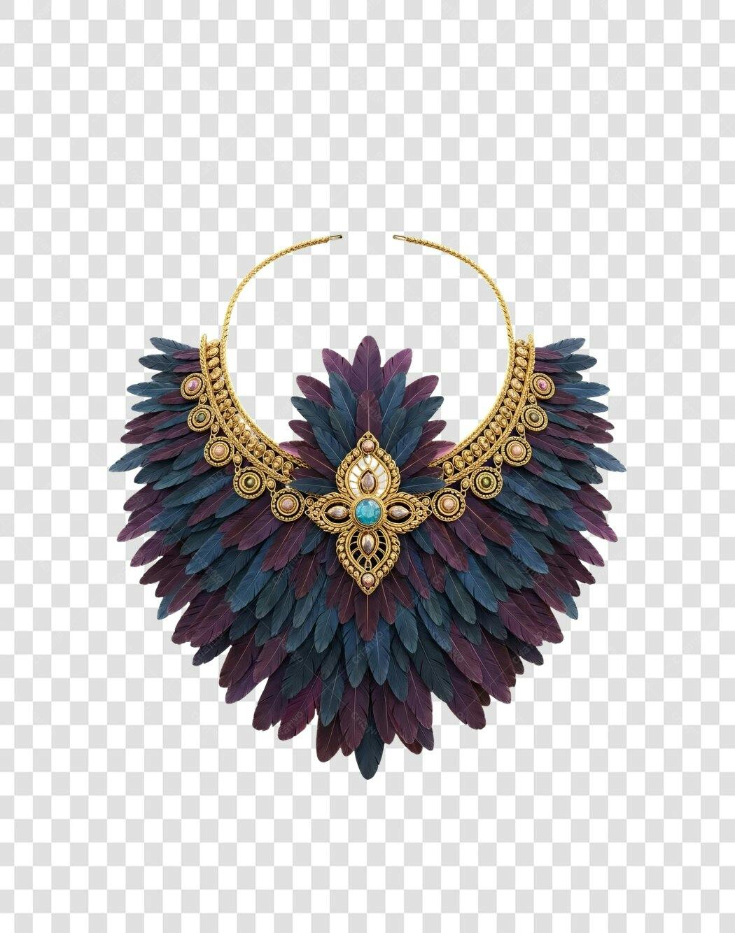 Colar étnico luxuoso de penas azul roxo e ouro PNG com fundo transparente
