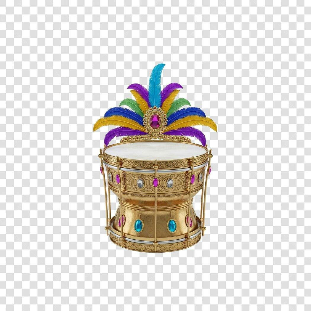 Elemento Gráfico Carnaval Tambor Dourado Penas Vibrantes Jóias PNG com fundo transparente