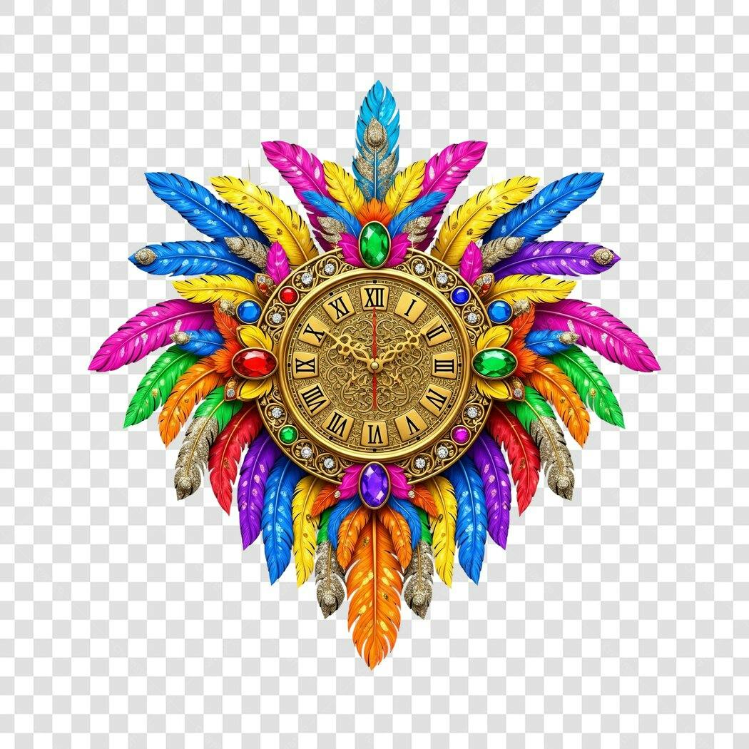 Relógio decorativo estilo Carnaval luxuoso penas coloridas PNG com fundo transparente