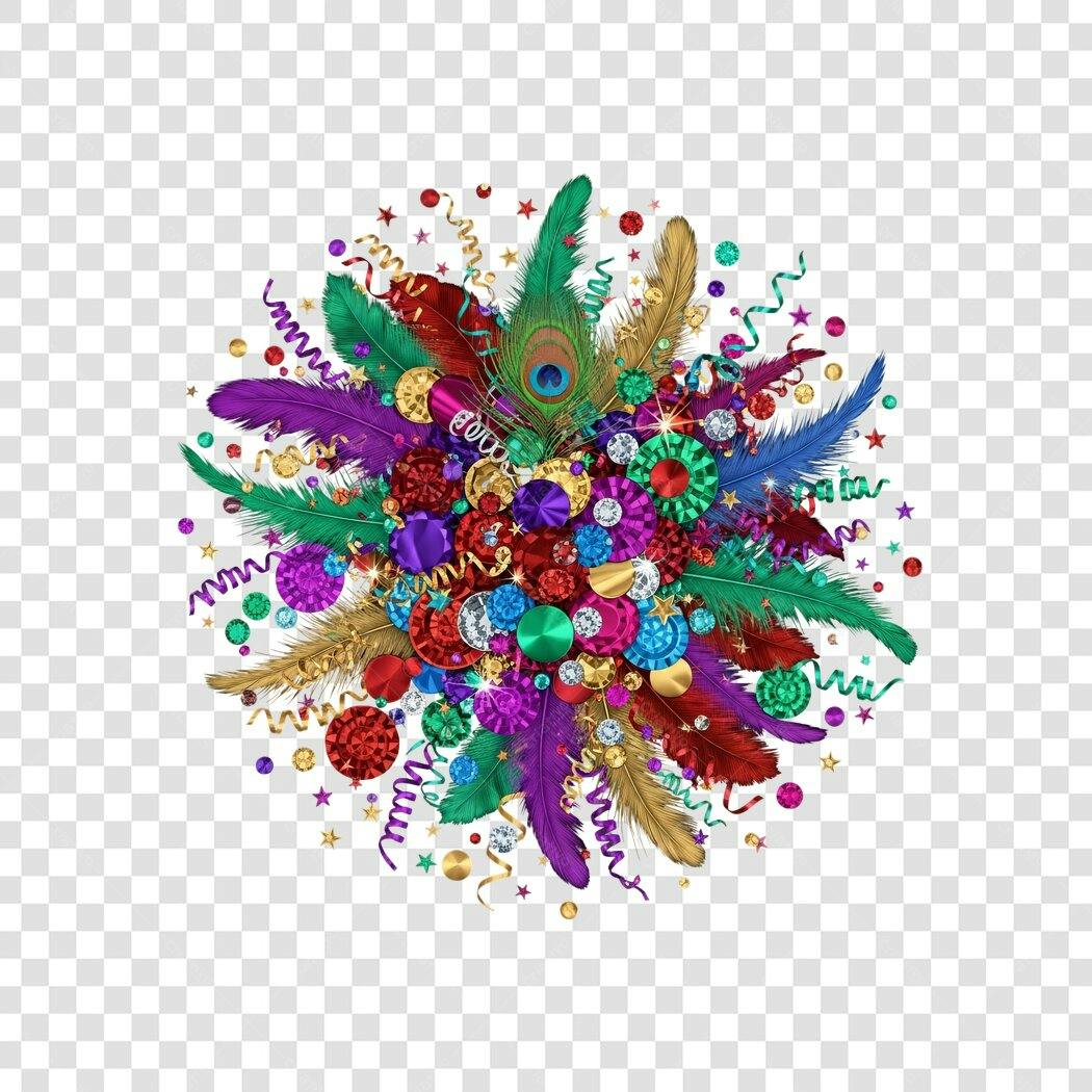 Elemento decorativo Carnaval Mardi Gras penas gemas coloridas PNG com fundo transparente