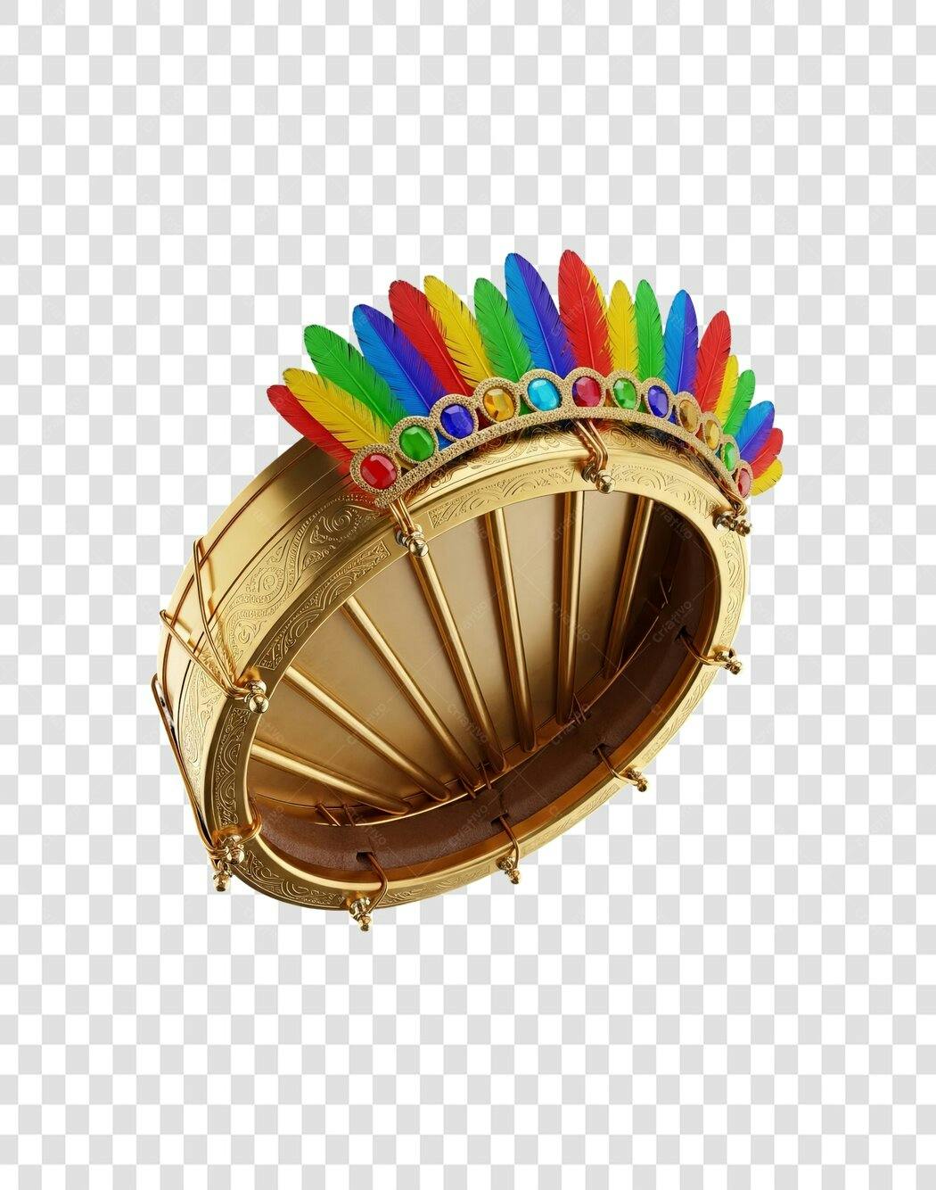 Elemento Gráfico Tamborim Dourado e Penas Coloridas para Carnaval PNG com fundo transparente