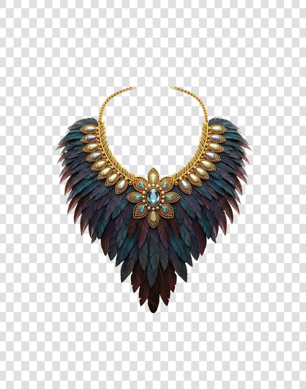 Colar de Penas e Joias Azuis Douradas Estilo Étnico PNG com fundo transparente