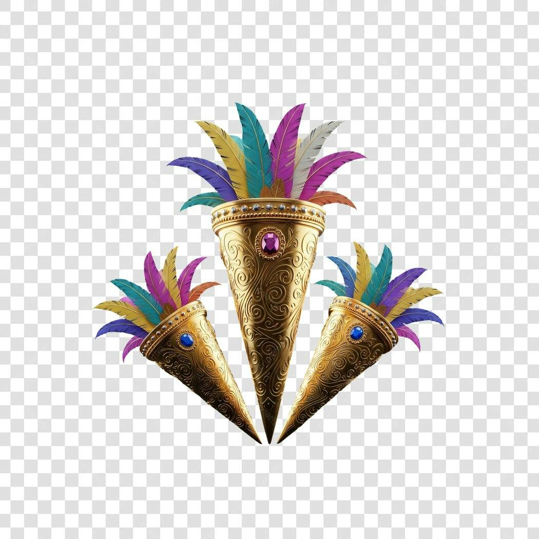 Elemento Festivo Carnaval Dourado Penas Coloridas PNG com fundo transparente
