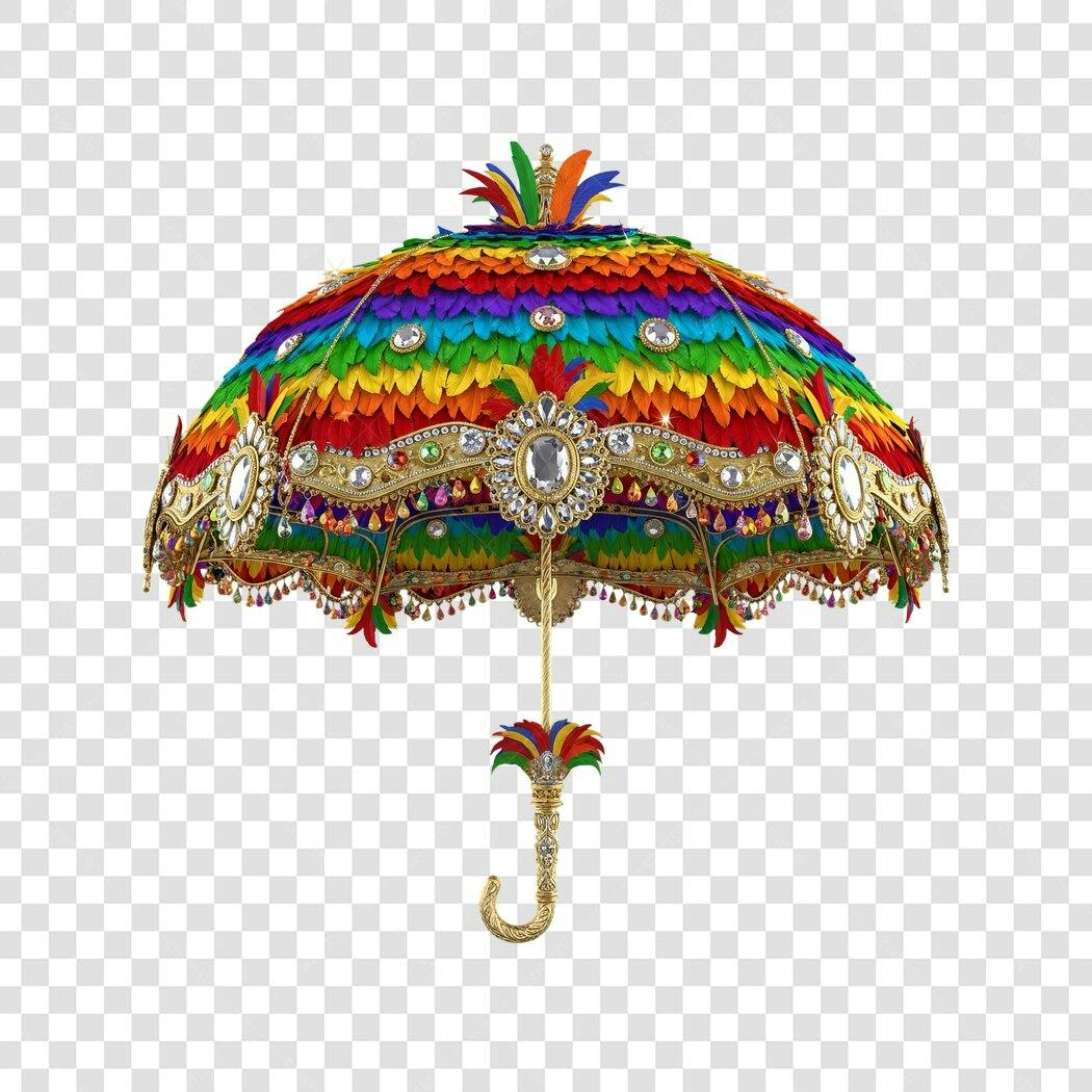 Guarda-chuva decorativo colorido com joias e penas PNG com fundo transparente