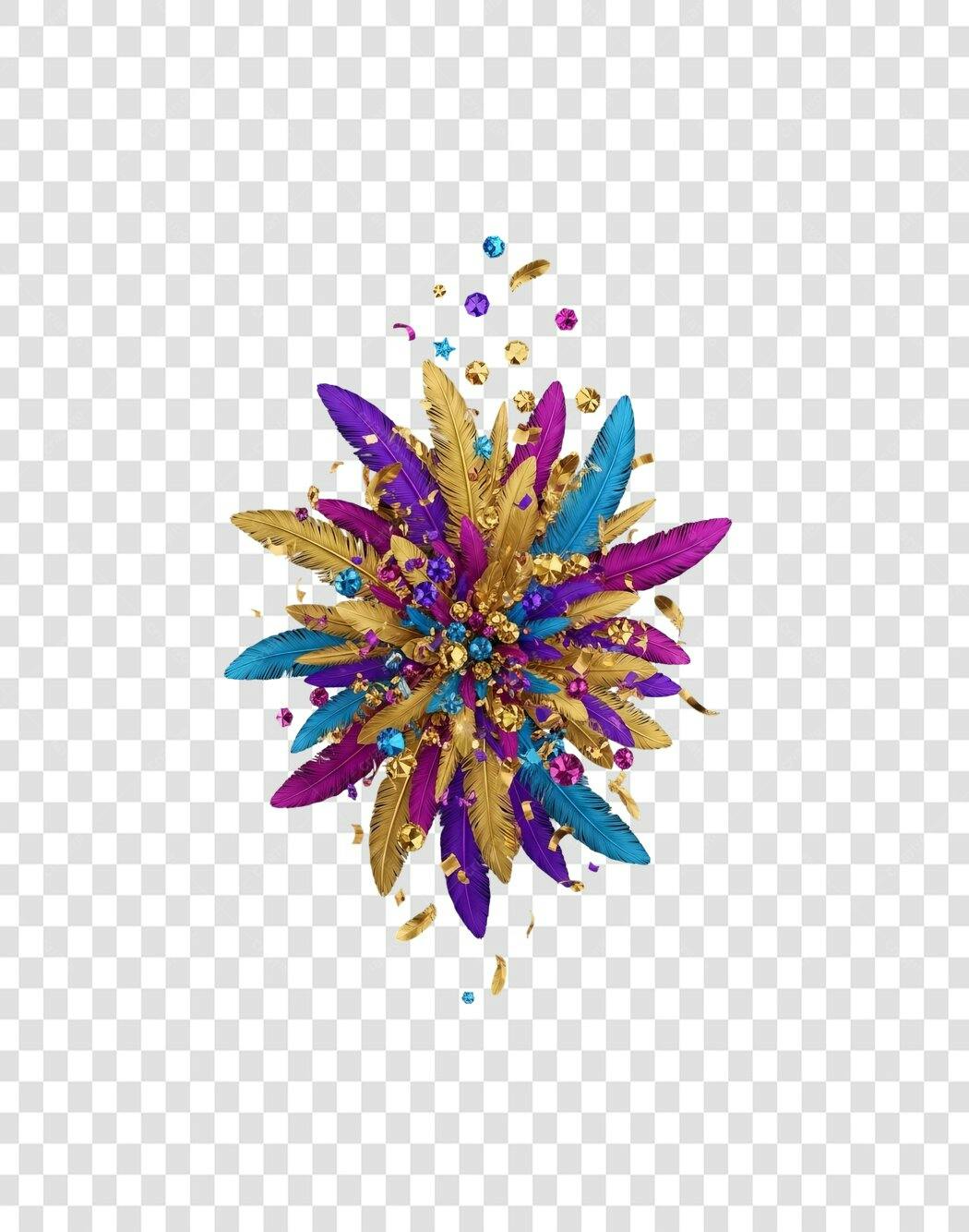 Decoração Carnavalesca Penas Douradas Roxas Azuis com Glitter PNG com fundo transparente
