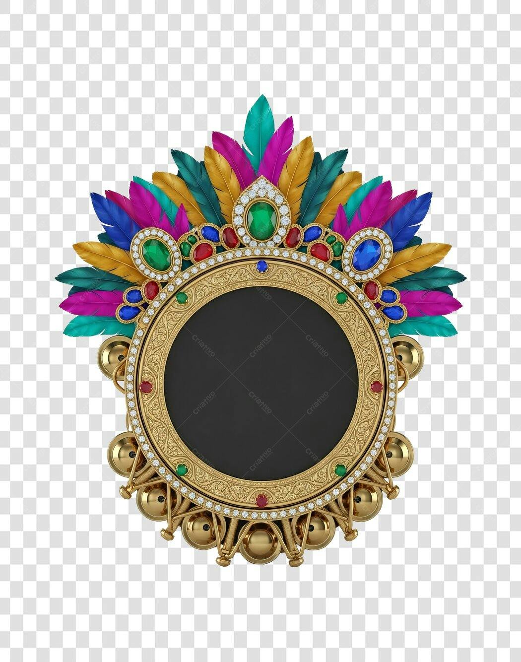 Emblema luxuoso Carnaval penas coloridas e joias douradas PNG com fundo transparente