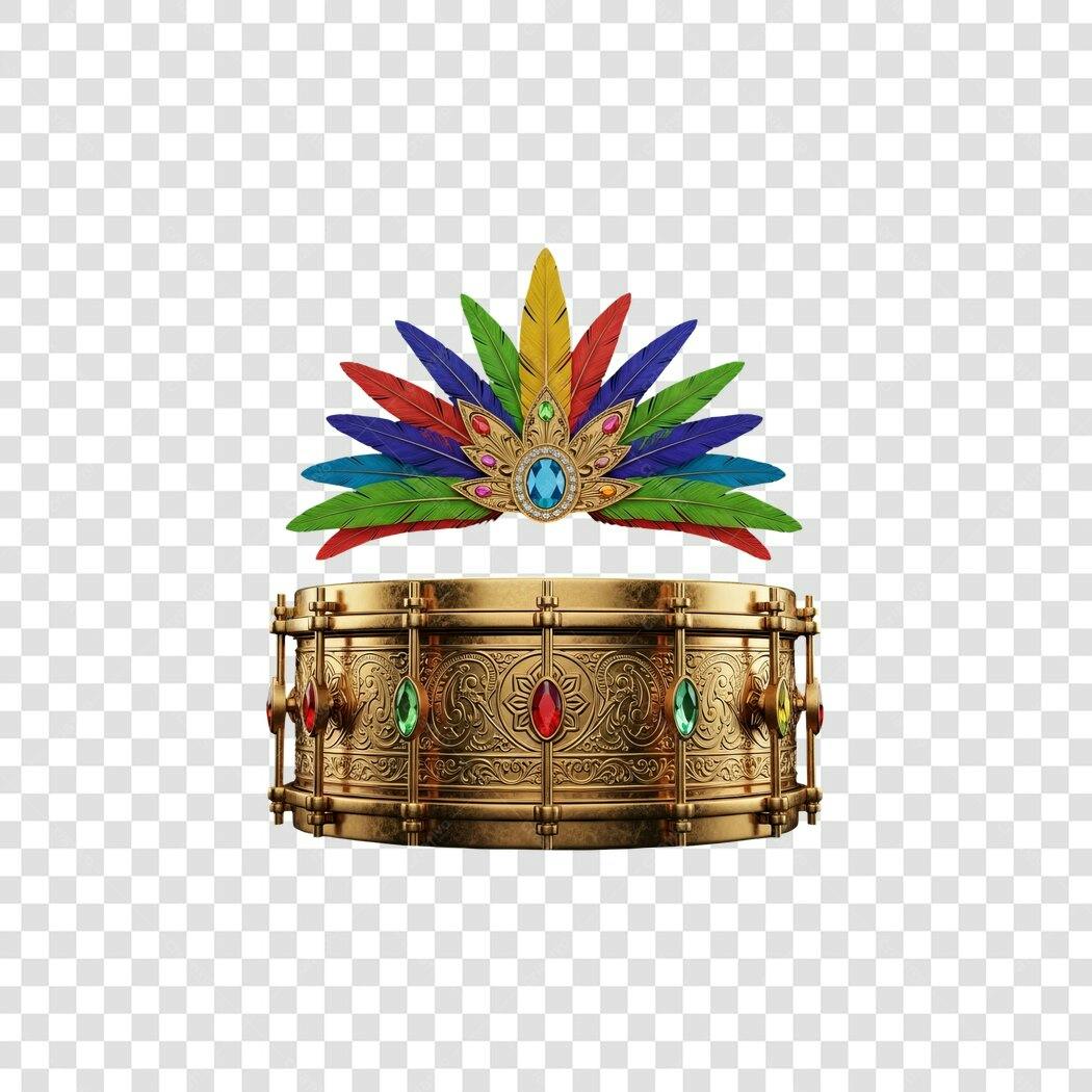 Elemento Festivo Carnaval Tambor Dourado Cocar Colorido PNG com fundo transparente