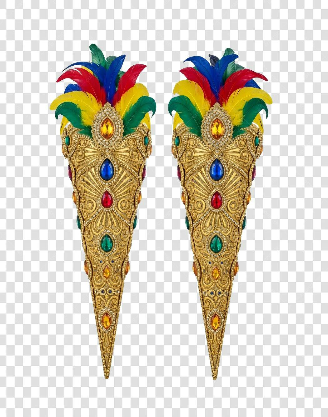 Adorno de Carnaval Dourado Luxuoso com Plumas e Gemas Coloridas PNG com fundo transparente