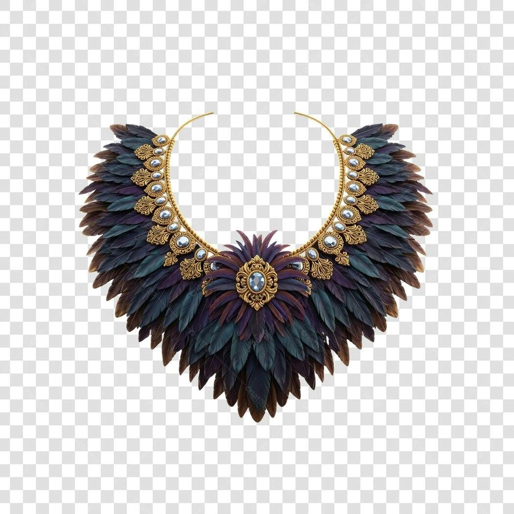 Colar de Penas Luxuoso Dourado Roxo Azul PNG com fundo transparente