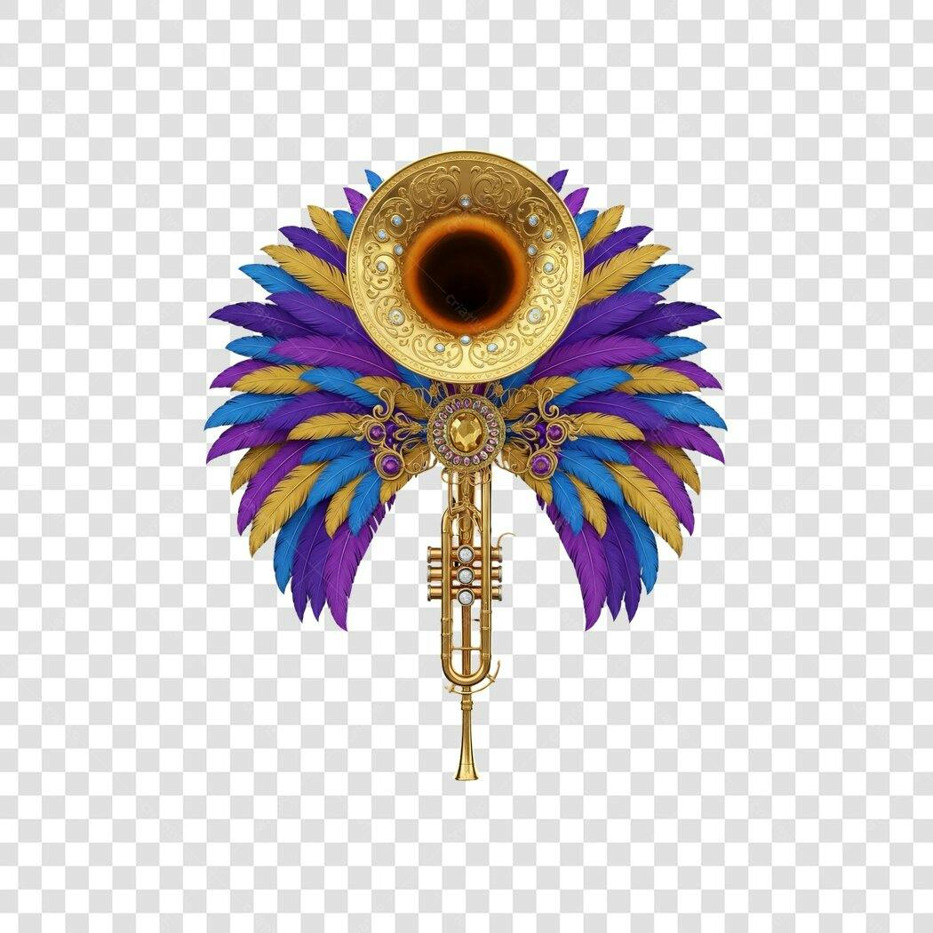 Elemento Carnaval Trompete Dourado Penas Roxas Azuis PNG com fundo transparente