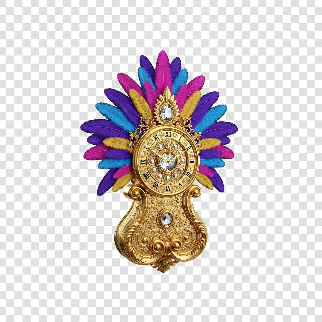 Icone Relógio Barroco Dourado Penas Azuis Roxas Rosas Carnaval PNG com fundo transparente