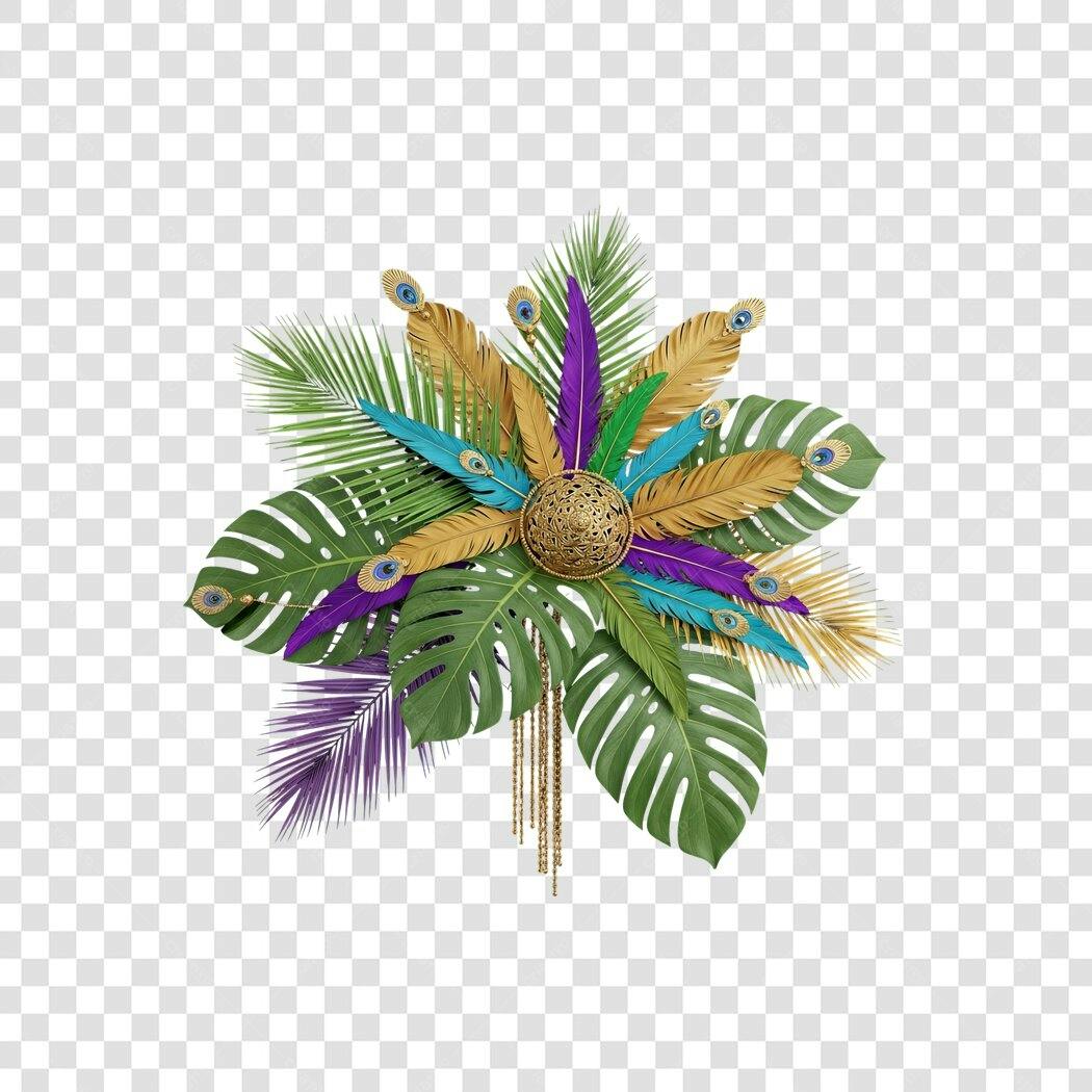 Borda Decorativa Tropical Carnaval Dourado Verde Roxo Azul PNG com fundo transparente
