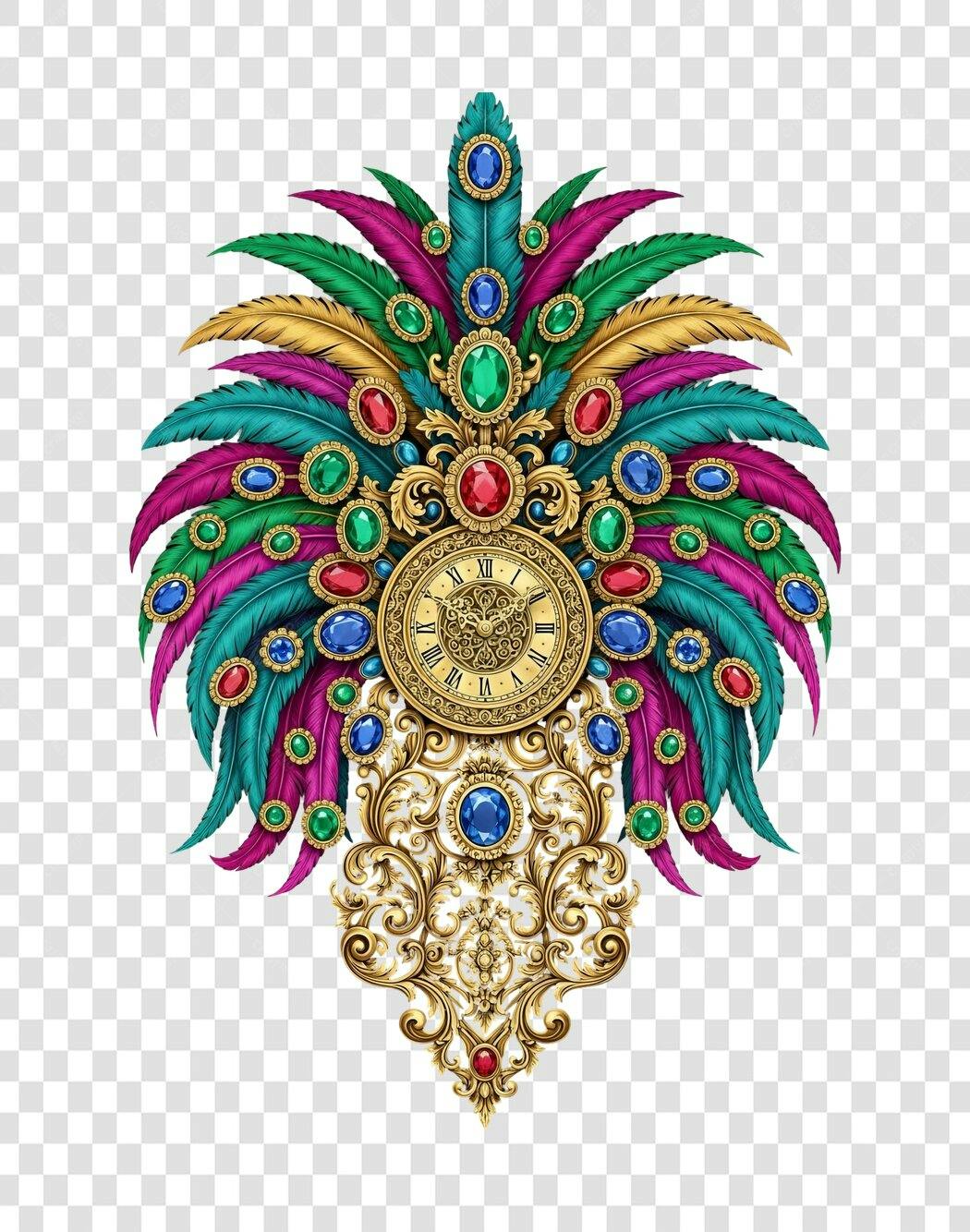 Elemento decorativo Mardi Gras joias ouro e penas coloridas PNG fundo transparente