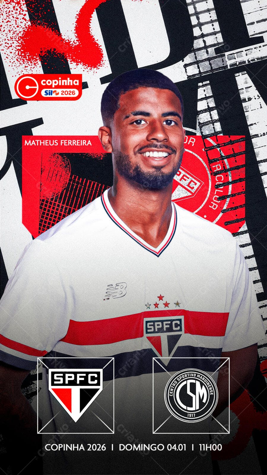 Flyer Jogo Futebol Copinha 2026 SPFC Matheus Ferreira PSD Editável