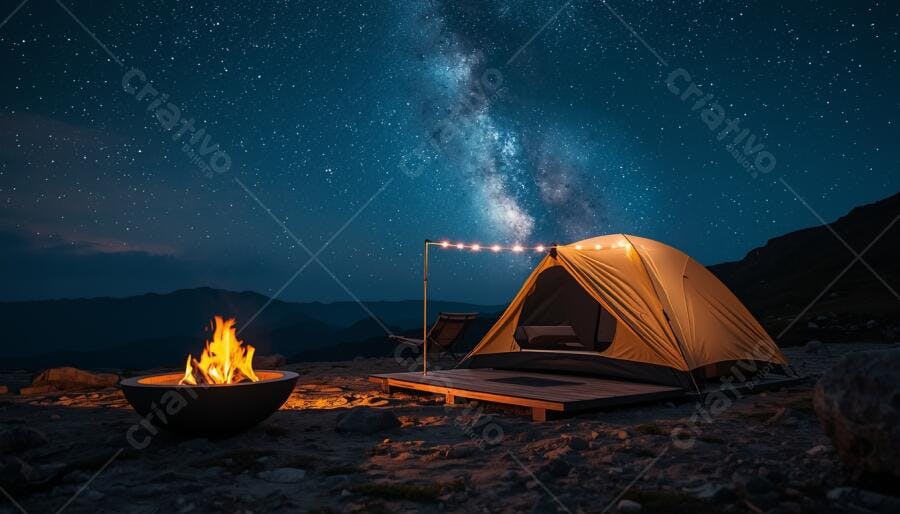 Acampamento noturno com barraca iluminada e fogueira sob a Via Láctea