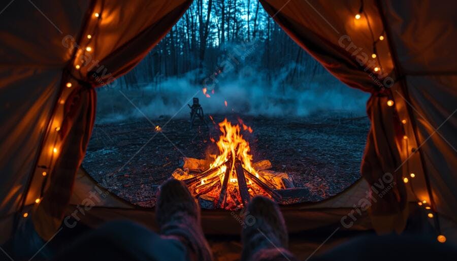 Pessoa relaxando na barraca com fogueira crepitante e floresta noturna azulada