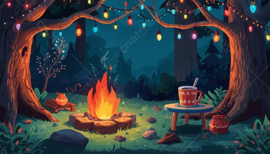 Fogueira aconchegante em acampamento noturno com luzes coloridas na floresta