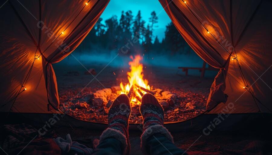 Pés em meias quentes acampando à noite com fogueira e barraca iluminada
