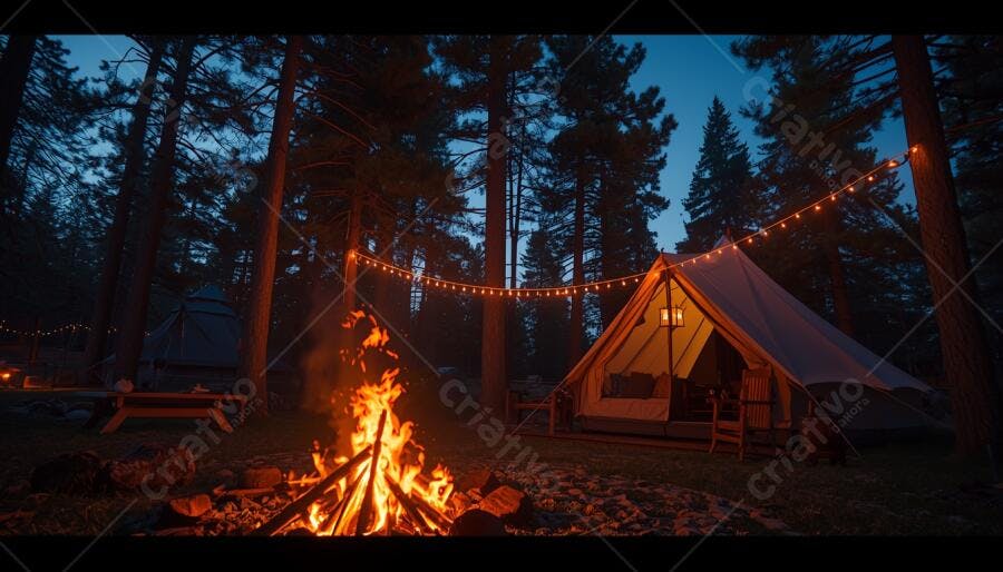 Acampamento noturno com fogueira e tenda glamping iluminada na floresta de pinheiros
