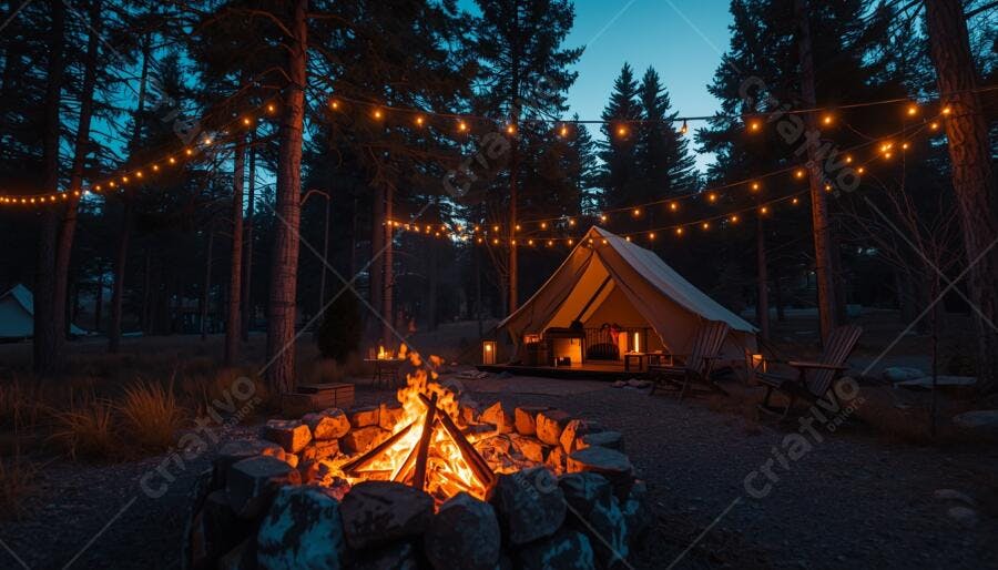 Tenda de glamping e fogueira aconchegante em floresta pinheiros à noite