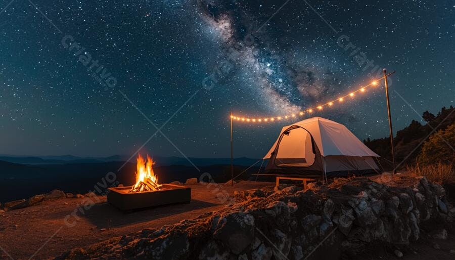 Barraca de acampamento e fogueira sob Via Láctea estrelada na montanha