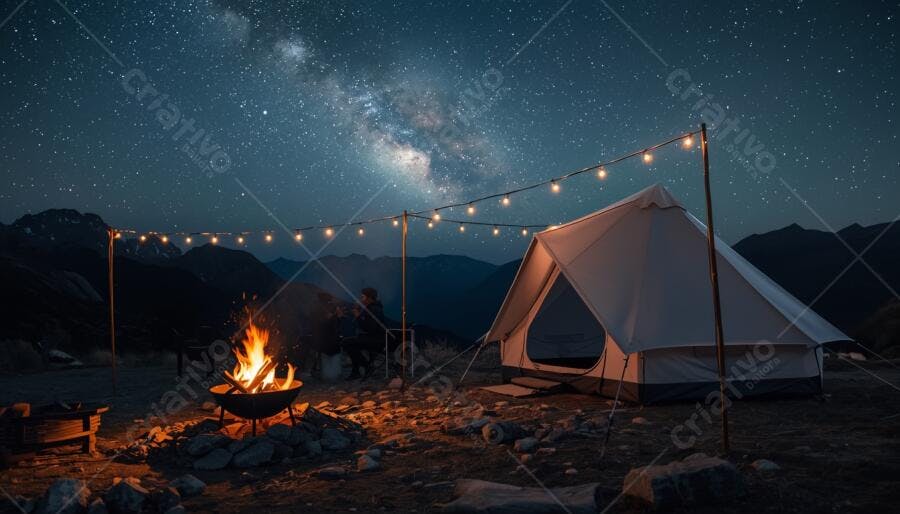 Acampamento noturno com fogueira e via láctea sobre as montanhas escuras
