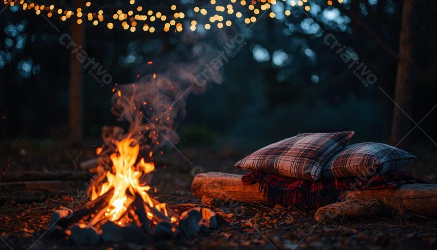 Fogueira crepitante na floresta noturna com almofadas xadrez e luzes cintilantes