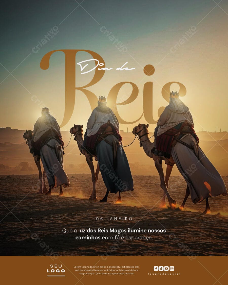 Flyer Dia de Reis com Reis Magos no Deserto PSD Editável