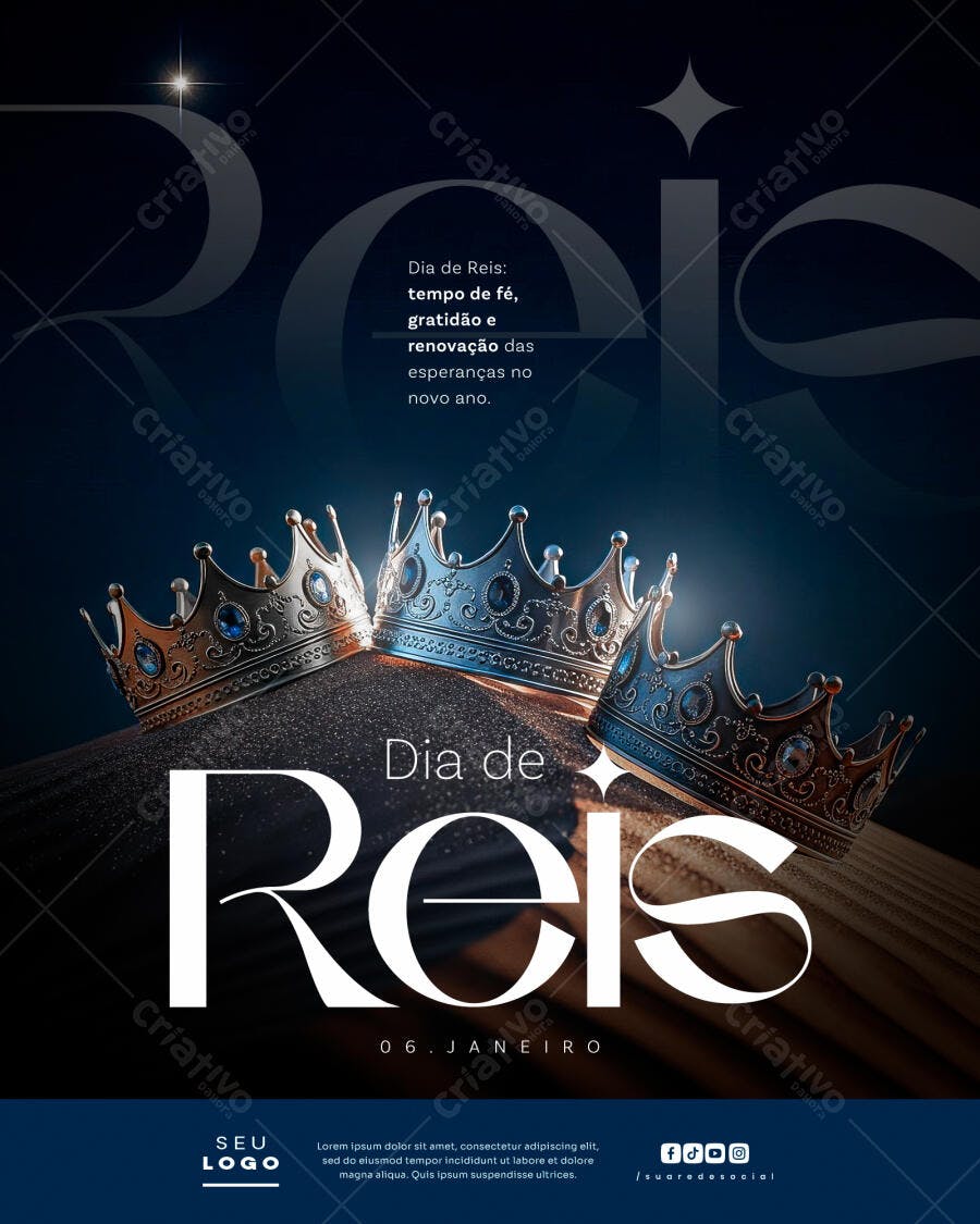 Flyer Dia de Reis 06 de Janeiro com Coroas PSD Editável