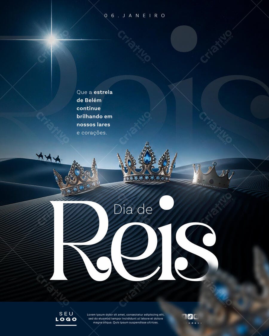 Post de Redes Sociais Dia de Reis Estrela Coroas PSD Editável