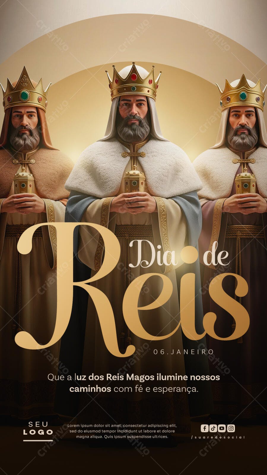 Flyer Dia de Reis 06 Janeiro com Reis Magos PSD Editável