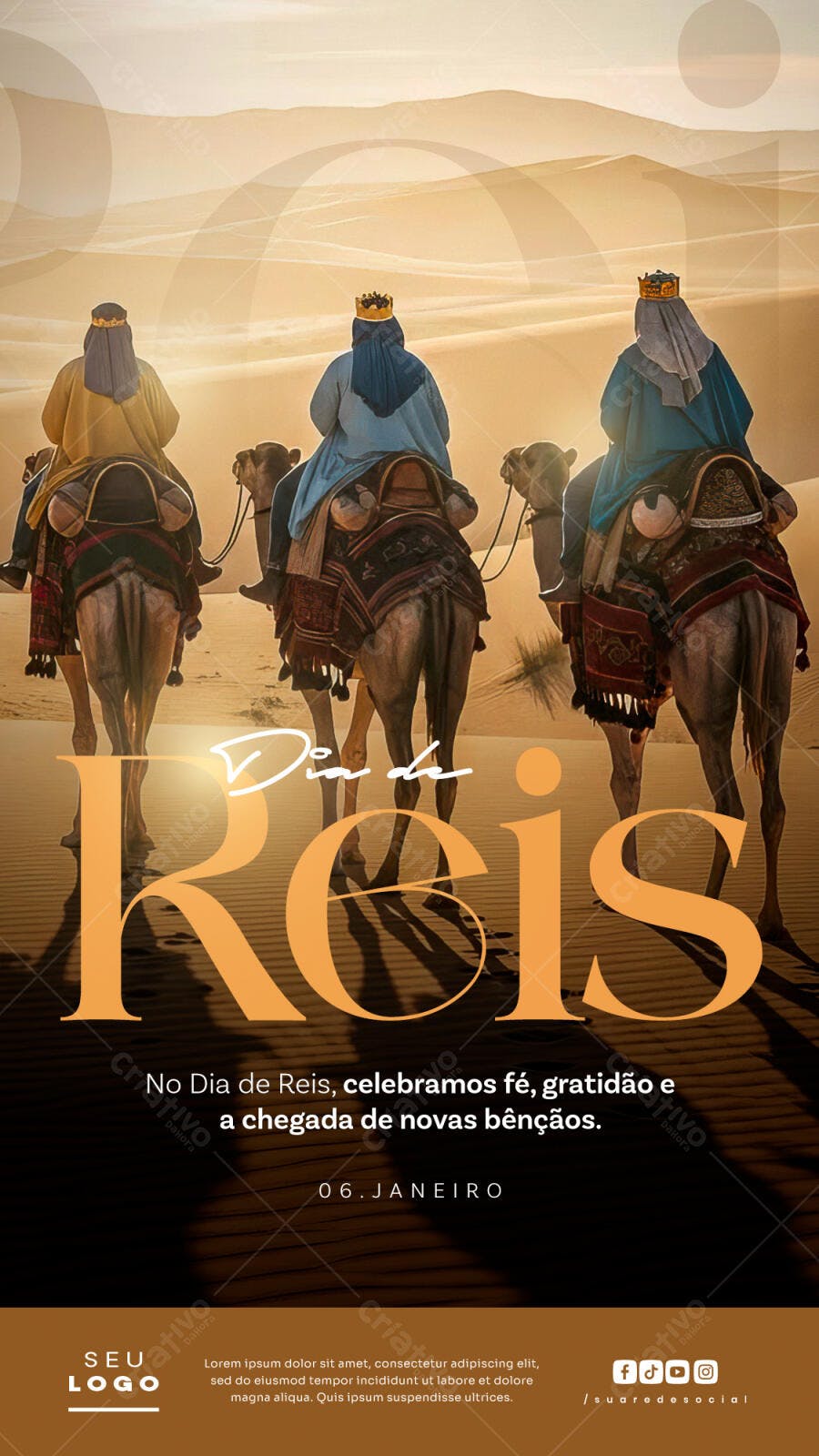Flyer Dia de Reis com Três Reis Magos e Camelos PSD Editável