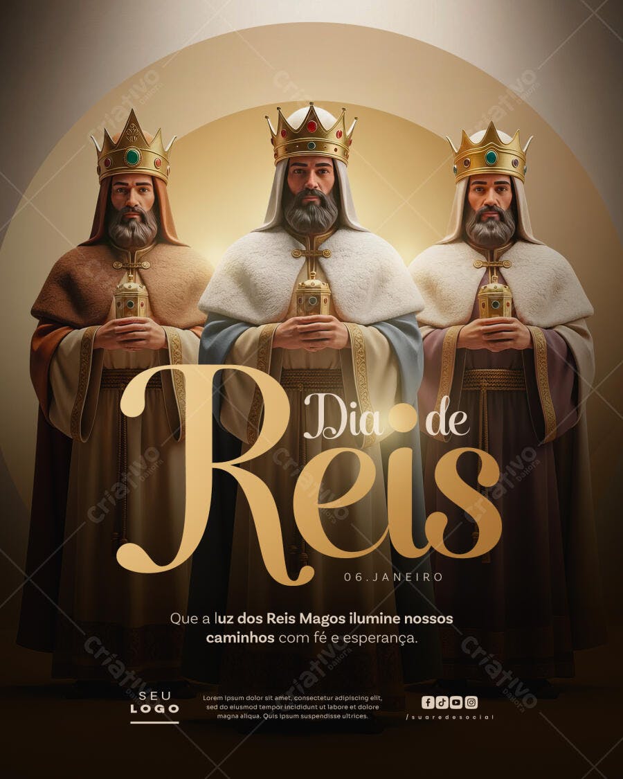 Flyer Dia de Reis 06 Janeiro com Reis Magos Coroados PSD Editável