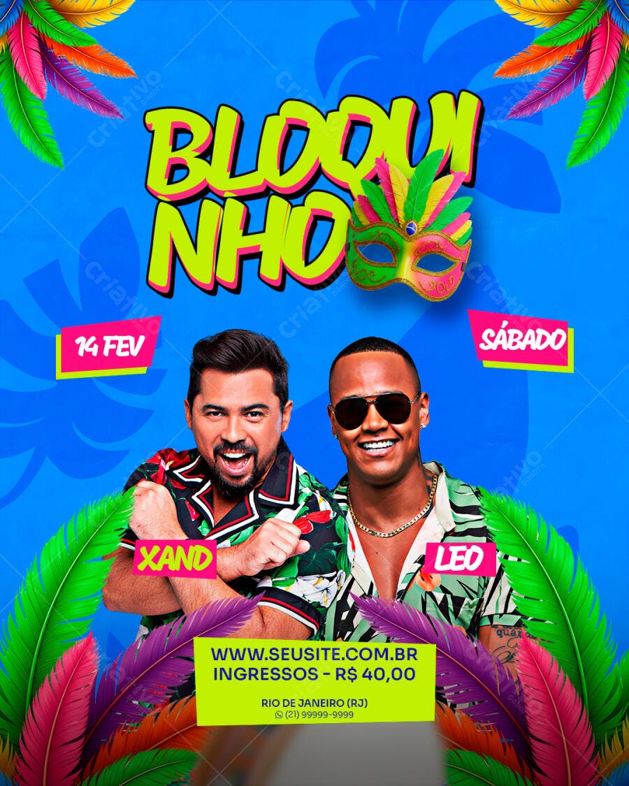 Flyer para Bloquinho de Carnaval com Artistas Xand e Leo PSD Editável