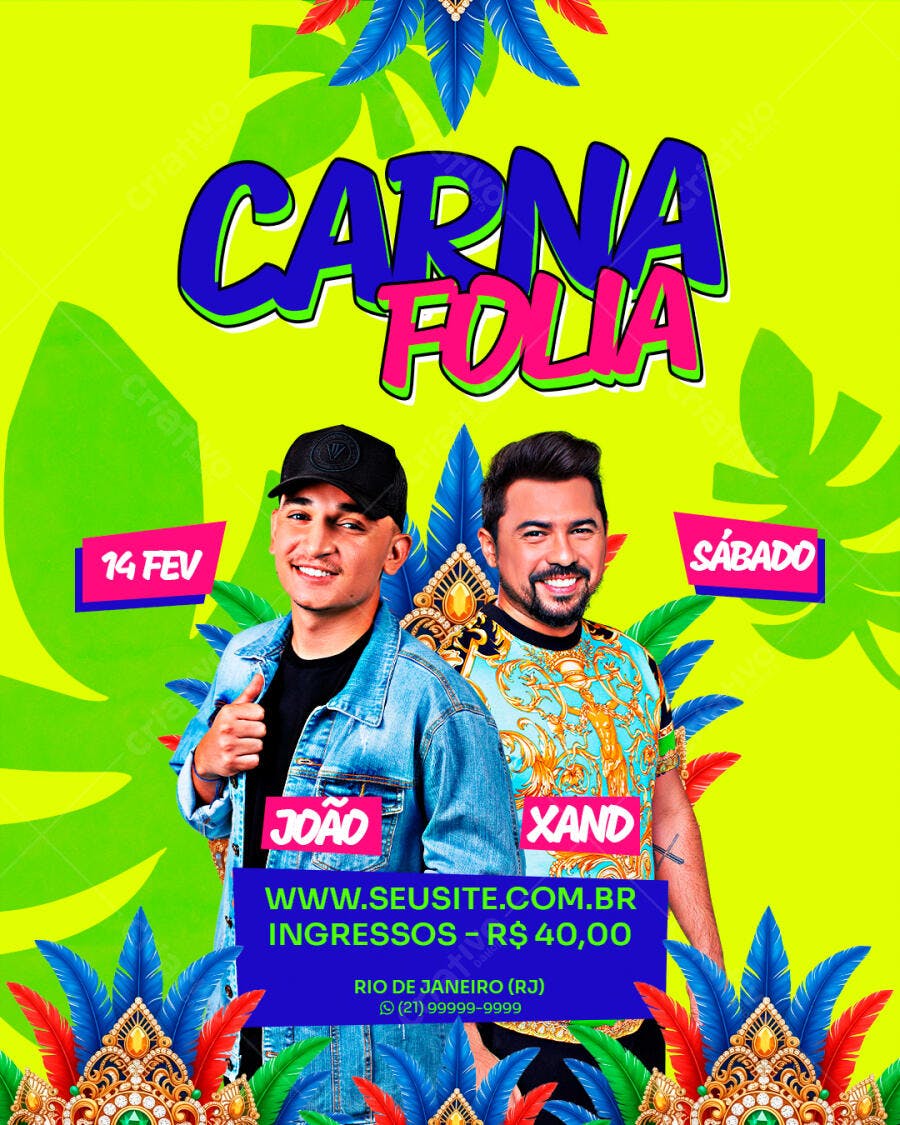 Flyer Carna Folia Rio de Janeiro com João e Xand PSD Editável