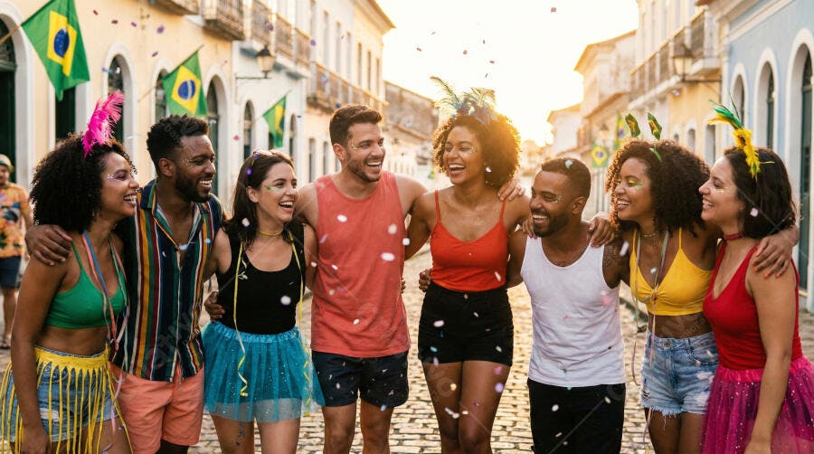 Grupo de amigos multiétnicos celebrando o Carnaval em rua brasileira com confetes