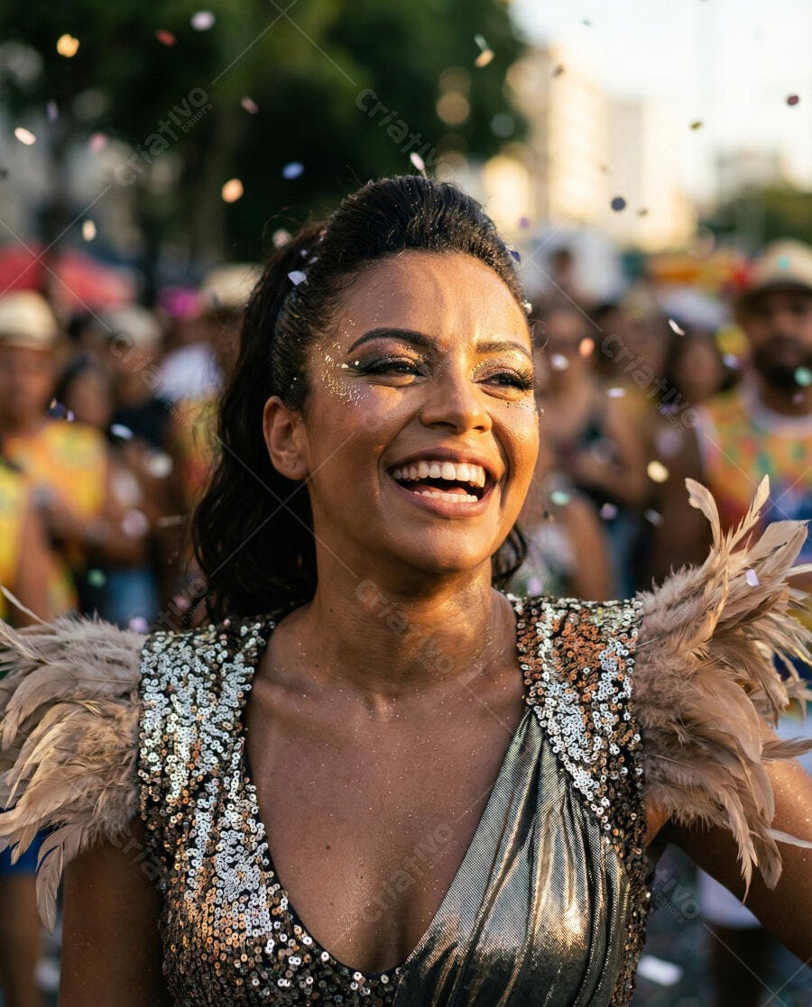Mulher latina sorrindo com fantasia de lantejoulas no carnaval de rua
