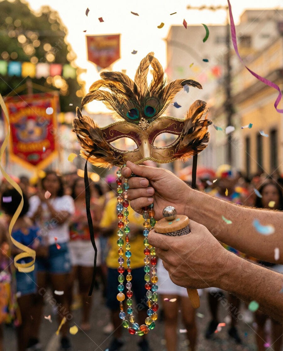 Máscara de carnaval e maraca coloridas em desfile de rua festivo