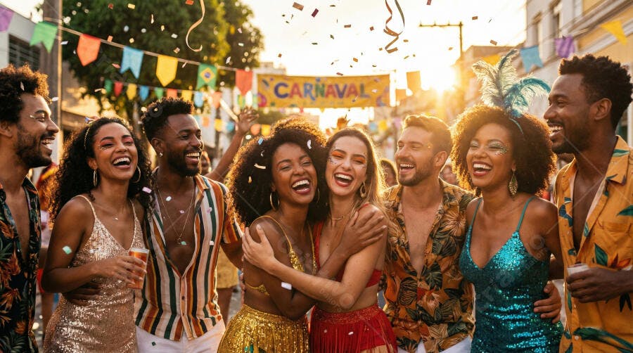 Grupo diversificado de amigos rindo e celebrando carnaval na rua ao por do sol