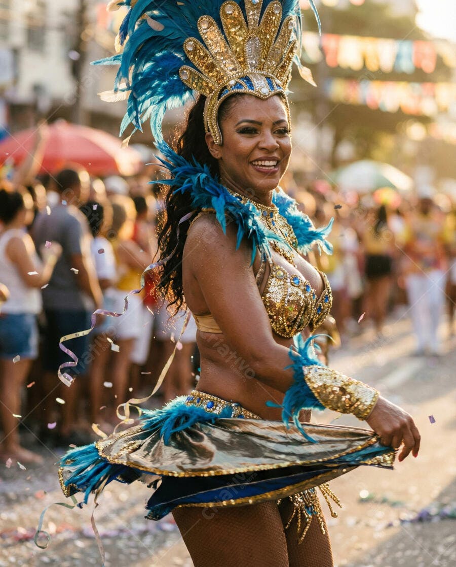 Mulher negra sorrindo em fantasia de carnaval dourada e azul na rua